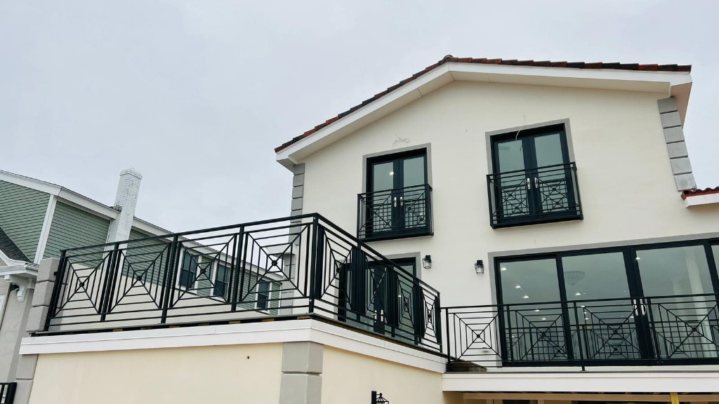 Architectural iron railings with geometric pattern on balconies