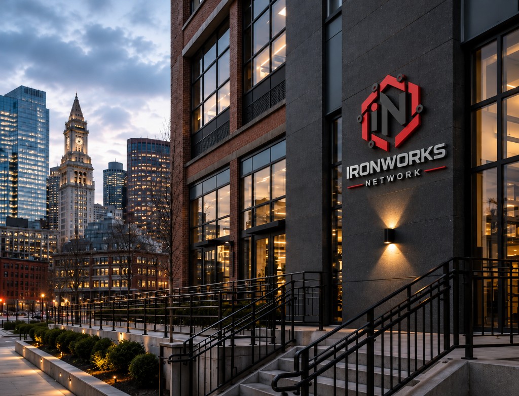 Commercial building with iron railings and the Ironworks Network sign, annual iron works maintenance in Massachusetts